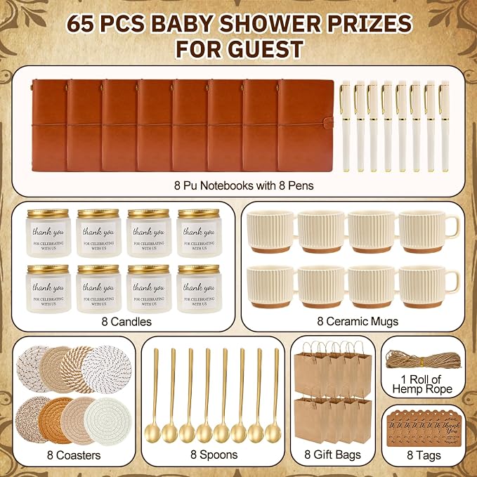 Baby Shower Prizes for Game Winners Baby Shower Games Prizes Ceramic Mugs with Metal Spoons Woven Coasters Notebooks Scented Candles Gift Bags Wedding Bridal Shower Favors for Guests (8, Brown)
