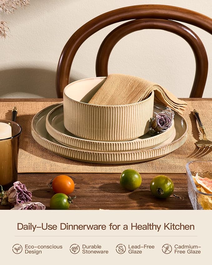 Stoneware Plates and Bowls Dishes Sets Service for 6 (18-Piece), Famiware Premium Handcrafted Reactive Glaze Dinnerware Set with Raised Rim, Scratch Resistant, Microwave Dishwasher Safe, Cream