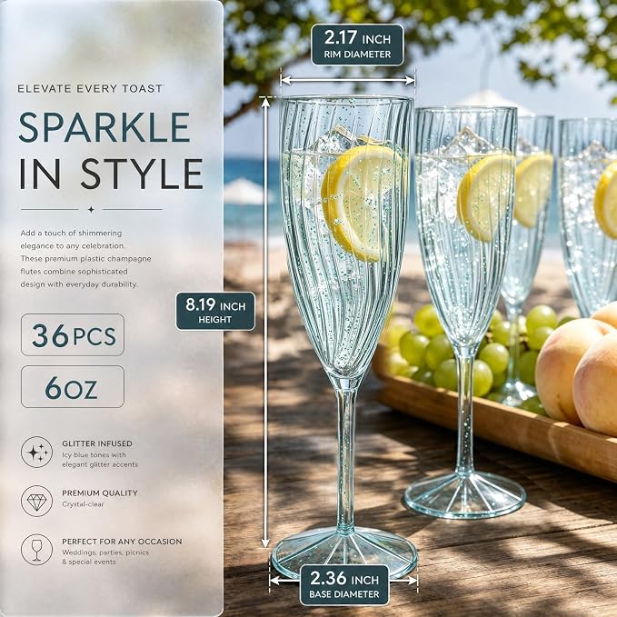 WDF 36PCS Blue Plastic Champagne Flutes - 6OZ Blue Glitter Champagne flutes - Party Supplies for Wedding/Birthday/Baby Shower/Housewarming/Pool party