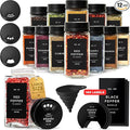 EDELHAUS Large Glass Spice Jars with Label and Black Rotating Lids (12 x 6.7 fl oz) Spice Containers with 160 Labels, Shaker Inserts, Funnel, Empty Square Containers [4.7 in × 2.2 in]
