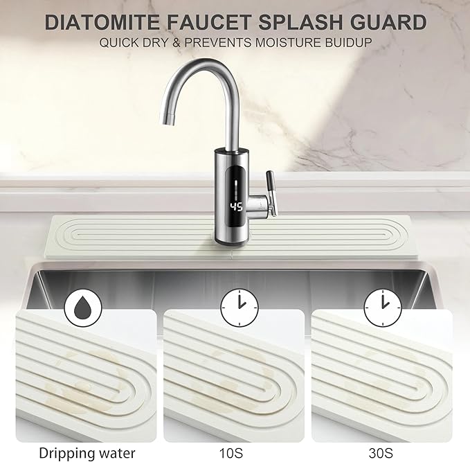 Faucet Mat for Kitchen Sink, Diatomite Fast Drying Stone Sink Tray, Super Absorbent, Prevents Moisture Buildup - Faucet Splash Guard for Bathroom Counter, Kitchen [White, 23.6" x 3.9"]