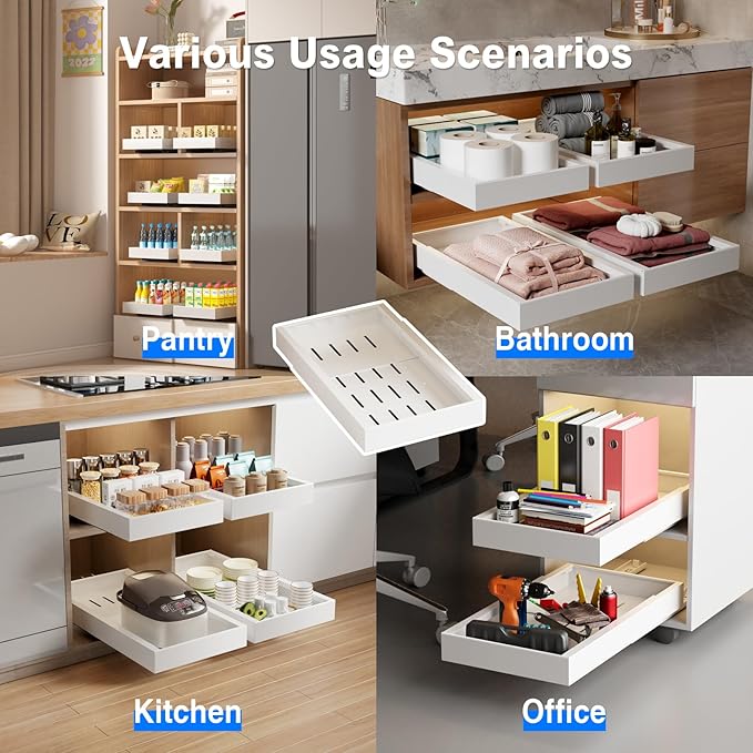 Mustorn 2 Pack Pull Out Cabinet Organizer, Expandable Depth(16.5"-21.8) Slide Out Drawer & 4 Pack Tupperware and Tumbler Lid Organizer for Cabinet, Adhesive Cabinet Door Organizer(White)