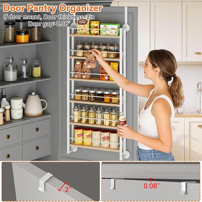 IBUYKE 6 Tier Over The Door Pantry Organizer,Wall Mounted Spice Rack,Door Hanging or Wall,Adjustable Hanging Storage Shelves,Spice Organization for Kitchen cabinet,Bathroom,Closet,Natural UTLJ028R