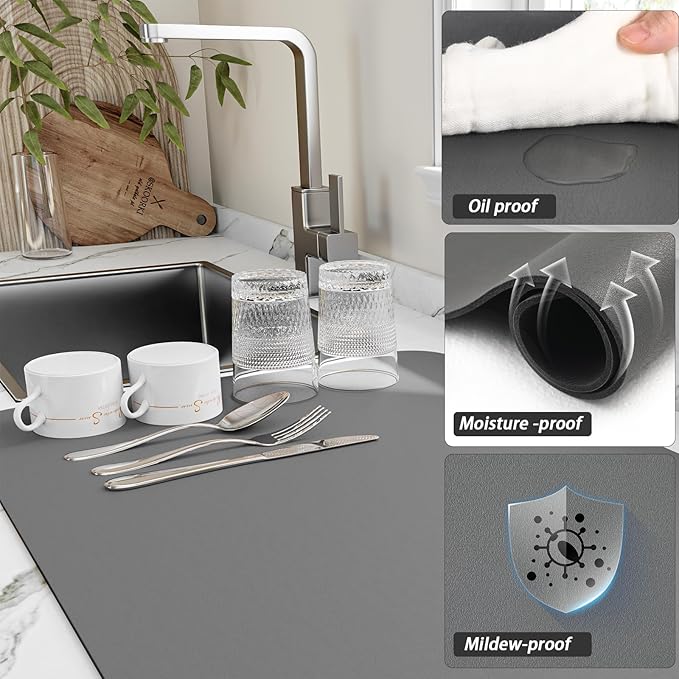 HotLive Dish Drying Mat for Kitchen Counter, Heat Resistant Drainer Mats with Non-slip Rubber Backed, Hide Stain Kitchen Super Absorbent Draining Mat, Easy to Clean Dish Rack Pad, Dark Grey 18"x28"