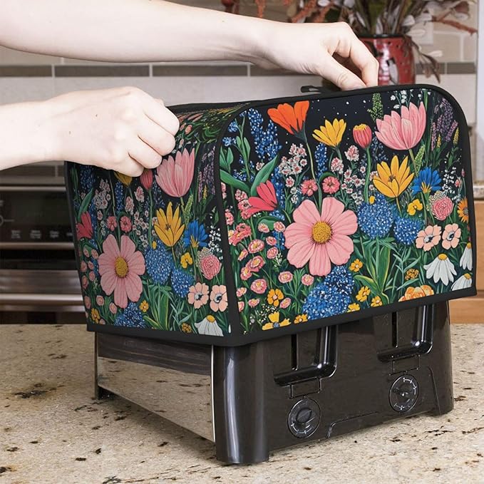 4 Slice Toaster Cover for Kitchen Wildflower Art Floral Black aterproof and Dustproof Toaster Dust Cover with Side Pockets Decorative Universal Cover for Wide Slot Toasters and Small Appliances