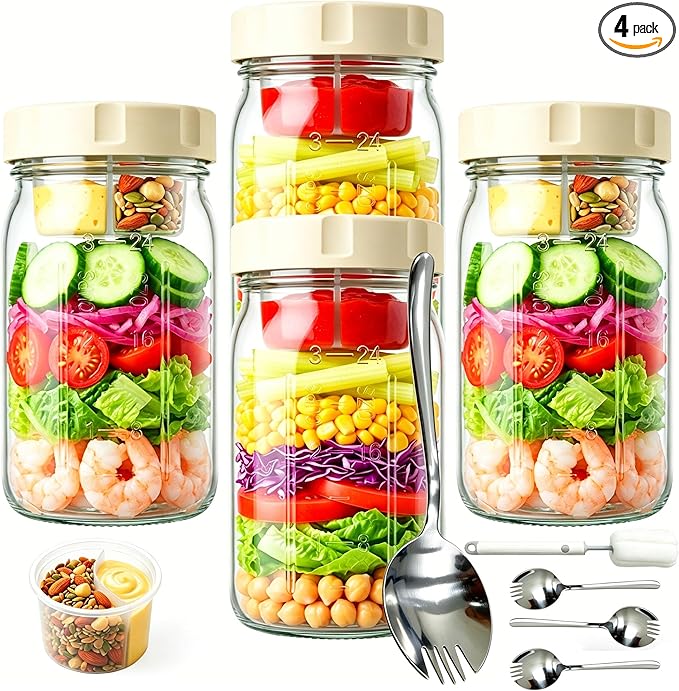 4 Pack Glass Salad Jars with Lids Meal Prep, 32oz Meal Prep Glass Salad Jars with 4 Stainless Steel Forks Wet/Dry Dressing Cups for Home, Office and Outdoor, 32oz Mason Jars