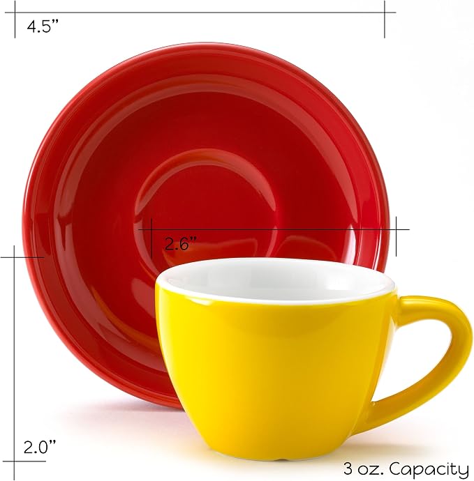 Espresso Cups and Saucers by Easy Living Goods - 3-Ounce Demitasse for Coffee, Set of 4, Assorted Colors (Vibrant)