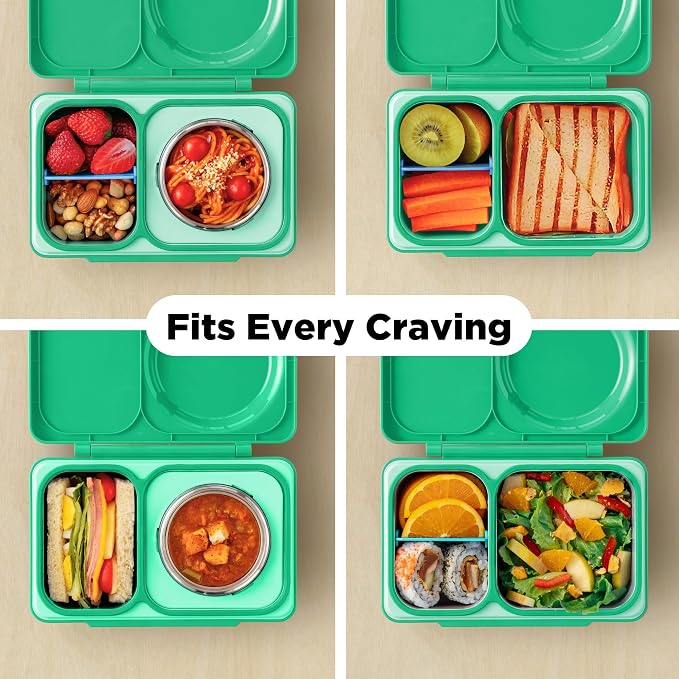 Omie OmieBox UP bento Box for Kids | Insulated Lunch Box | Leak Proof Vacuum Insulated Thermal Food jar | Cooler ice Pack | 2 Compartments (Jade Green)