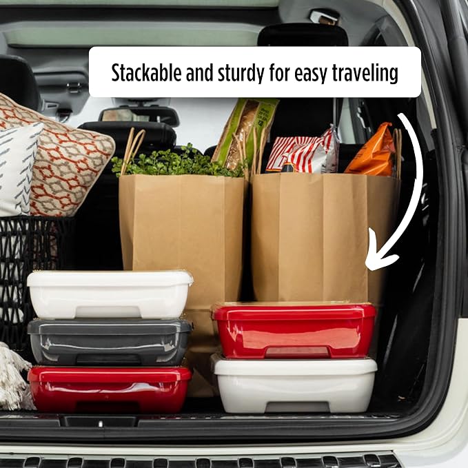 Fancy Panz White Premium Aluminum Foil Pan Carrier with Secure Latch Lid & Hot/Cold Gel Pack - Made in USA Reusable Casserole Carrier for Half Size Pans - Food Transport Holder for Entertaining