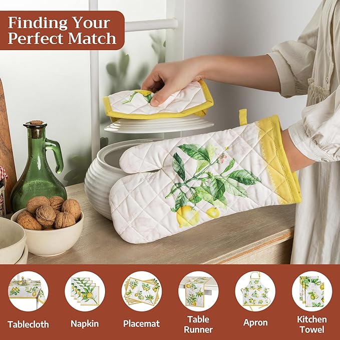 Maison d' Hermine Pot Holders 100% Cotton Heat Resistant Potholders 8" x 8" Hot Pads with Loop BBQ Cooking Baking Gifts for Mothers Day Handling Hot Pans Spring/Summer (Pack of 1, Limoncello)