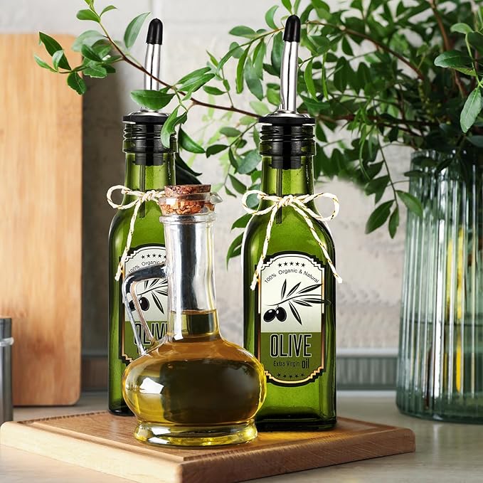 Honeydak 20 Pcs 5 oz Mini Glass Olive Oil Bottles with Pourers Sticker Glass Olive Oil Dispenser Vinegar Dispenser Set Empty Sauce Condiment Bottles for Christmas Kitchen Gift