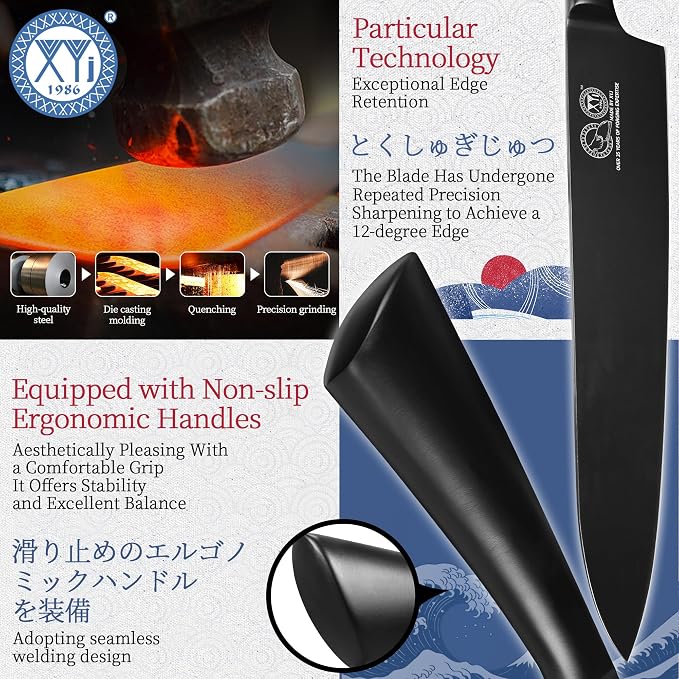 XYJ Knife Block Set, Chef Knives Set with Wooden Magnetic Knife Block, Fork, Cutting Board, Sharpening Stick, Scissors, Stainless Steel Japanese Kitchen Knives, Vegetable Slicer, Peeler, Gloves