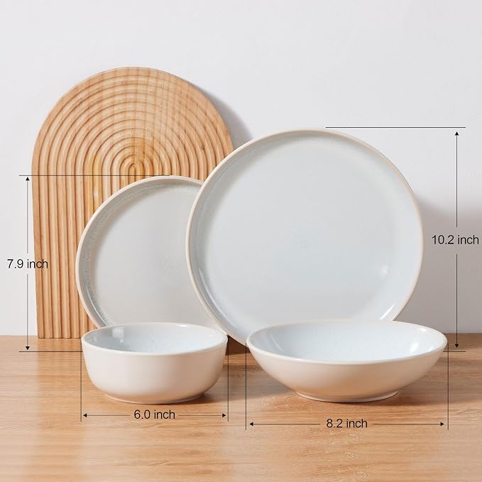 LIANYU Dinnerware Sets with Pasta Bowls for 4, 16 Piece Stoneware Plates and Bowls Set, Modern Dinning Ware Dishware Set, Microwave and Dishwasher Safe, Dusk White