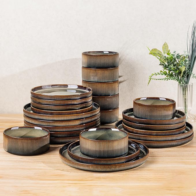 TheTerra Ceramic Dinnerware Sets for 8, 24 Pieces Porcelain Lightweight Speckled Plates and Bowls Sets, Scratch Resistant Dish Set, Oven & Microwave & Dishwasher Safe, Brown