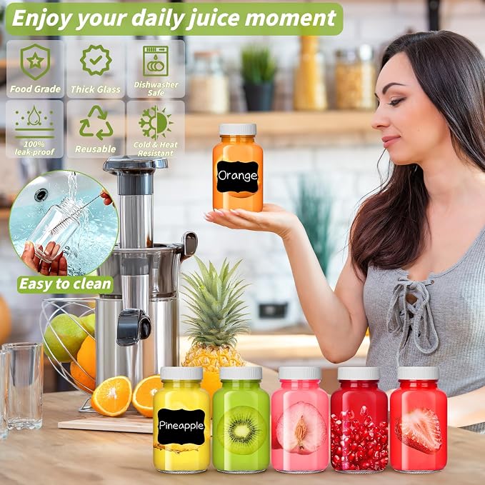 35 Pack 4 oz Glass Shot Bottles with Lids Small Clear Glass Jar for Ginger Wellness Shot Mini Juice Bottle Reusable Wide Mouth Travel Cup & 36 Labels,2 funnels,1 brush for Juice Milk Potion Liquids