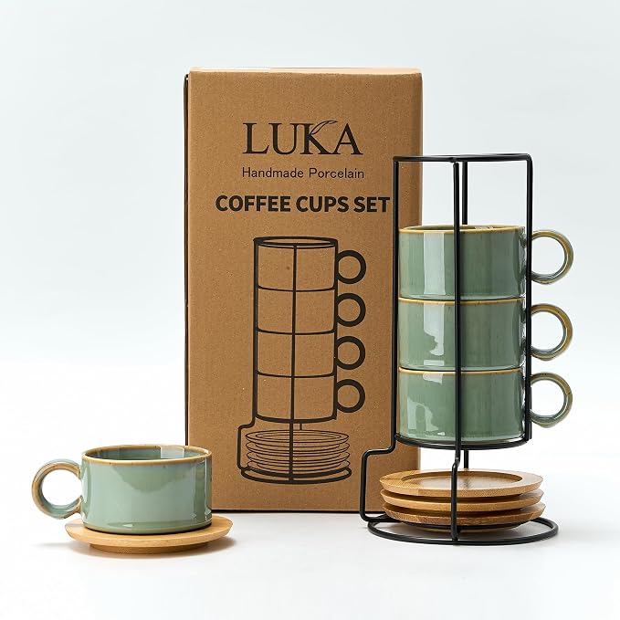 LUKA 6 Ounce Porcelain Stackable Espresso Cups with Saucers and Metal Stand Set of 4, Ceramic Cappuccino Cups Set for Specialty Coffee Drinks, Latte, Cafe Mocha and Tea, Wild Sage Earth