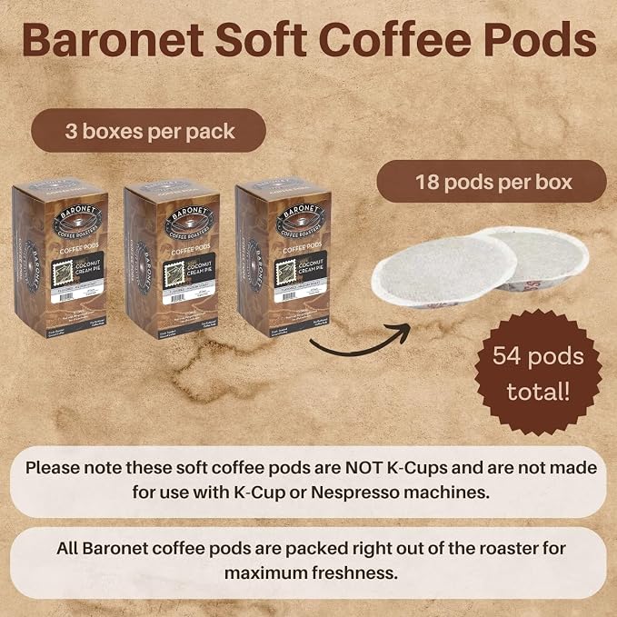 Baronet Coffee Pods [Coconut Creme-54 Pods] Flavored Single Cup Use, Like Senseo [3 Boxes of 18 Single Serve 10 Gram] Regular Strength, Medium Roast [Coconut Creme]