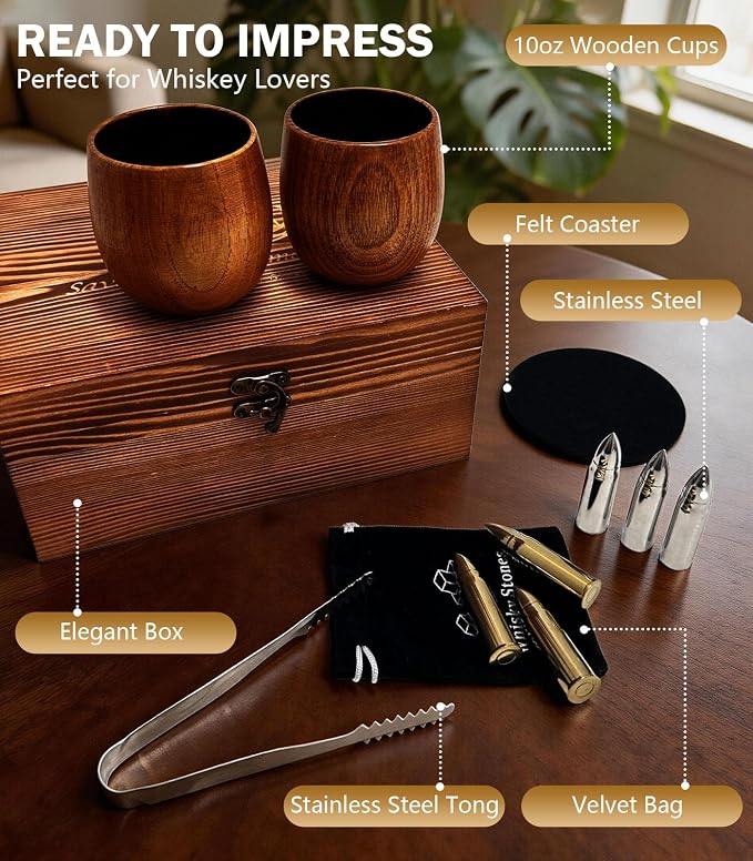 Charred Wooden Bourbon Drinking Glass, Bourbon Gifts for Men, Handcrafted Retirement Whiskey Glasses For Dad, Great Whiskey Gifts for Men, Perfect Presents For Boyfriend Father Friends, 2 Pack Luxury