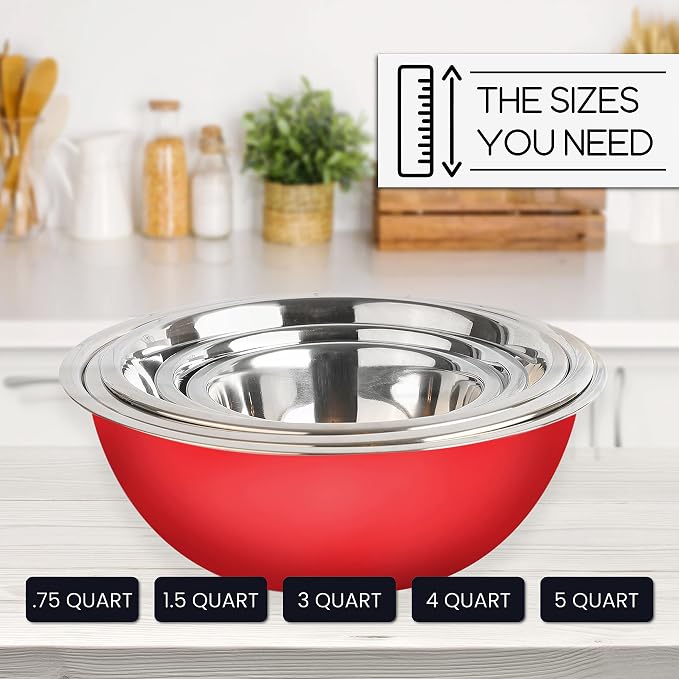 WHYSKO Meal Prep Stainless Steel Mixing Bowls Set, Home, Refrigerator, and Kitchen Food Storage Organizers | Ecofriendly, Reusable, Heavy Duty (Red)