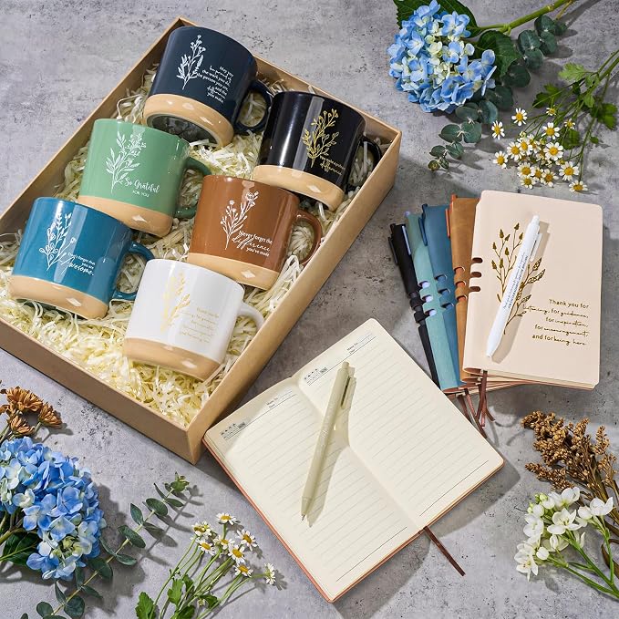 Didaey 6 Sets Employee Appreciation Gifts Set 13oz Boho Floral Ceramics Coffee Mugs with A6 Leather Notebooks Ballpoint Pens Bulk Office Thank You Gift for Coworkers Staff Team Nurse