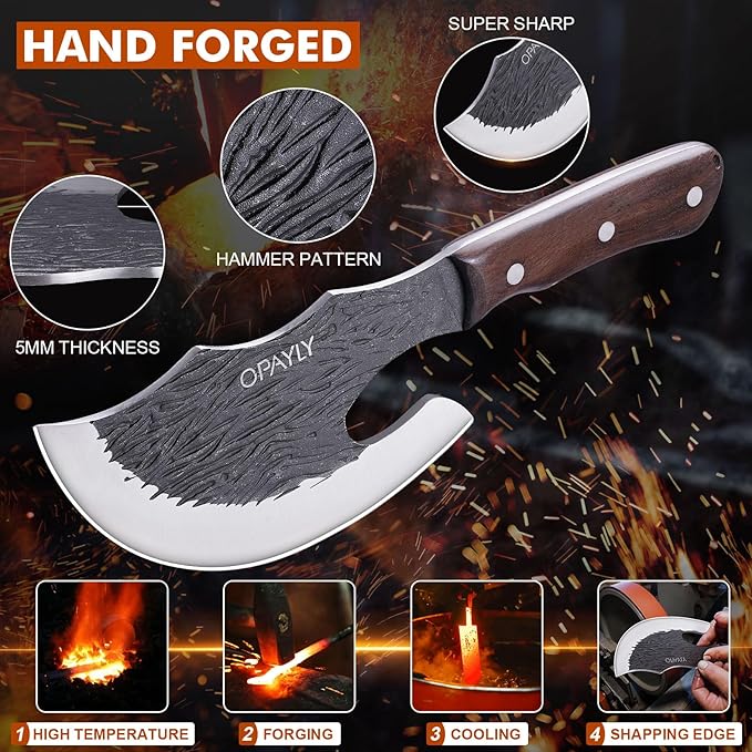OPAYLY Butcher Meat Cutting Cleaver Knifes Hand Forged Viking Cleaver with Cover Meat Bone Kitchen Knifes High Carbon Bone Choppe for Kitchen Outdoor Camping BBQ men gifts