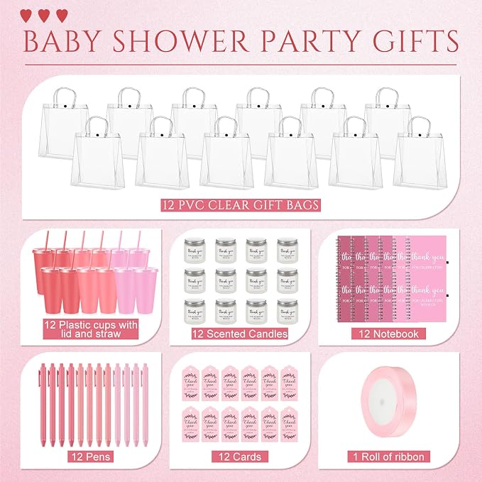 Nuogo 12 Sets New Parent Shower Prizes for Player Winners Adult, Wedding Bridal Shower Gift, Plastic Tumbler Notebook Scented Candle Ballpoint Pen Bag (Gradient Pink,Classic Style)