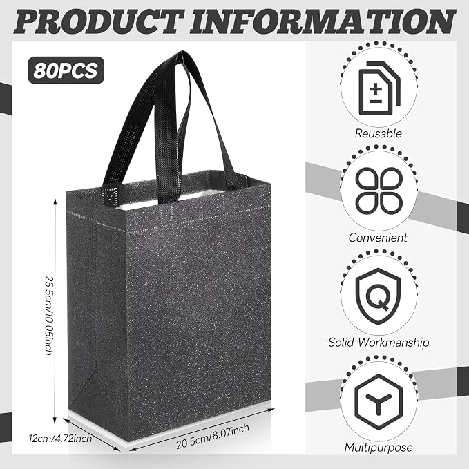 Eccliy Reusable Gift Bags Set Glossy Grocery Gift Tote Bag with Handle for Wedding, Bridal Shower, 4th of July, Summer Event(10 x 8 x 4.7 Inch,Dark Grey,80 Pcs)