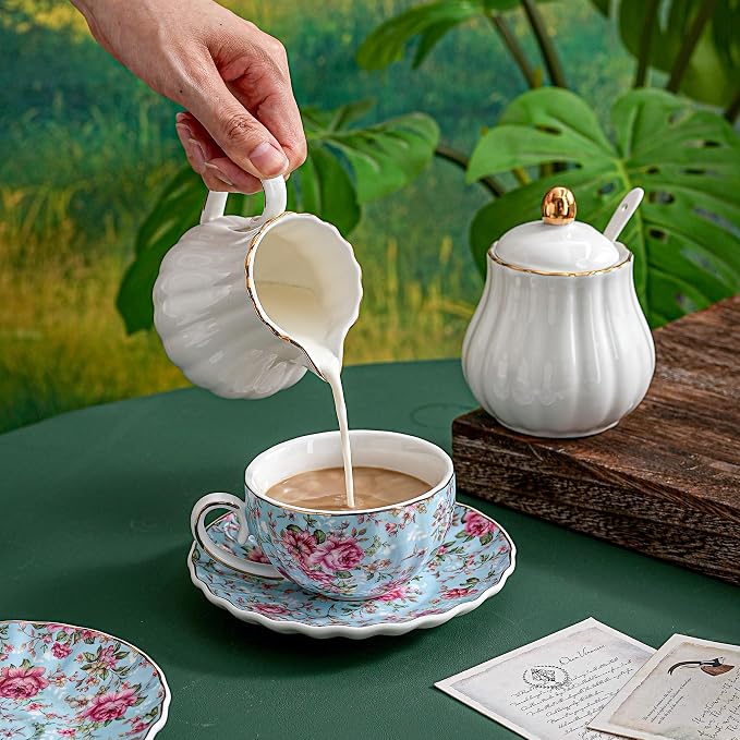 Agyiuns Tea Cup and Saucers, 6.4oz Floral Tea Cups with Gold Trim, Porcelain Teacup, Coffee Cappuccino Espresso Latte Mugs for Party Birthday,Party Cafe Home, Christmas Gift (Blue)
