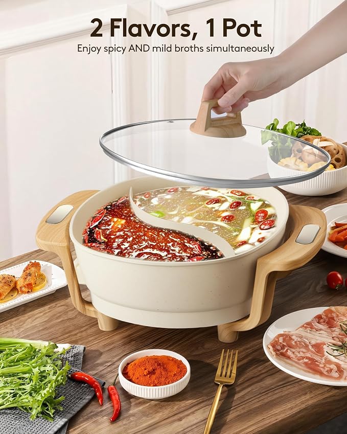 Hot Pot Electric Hot Pot with Divider, Large 6.3QT Nonstick Dual-Sided Shabu Shabu Pot Dual-Flavor hotpot electric 1500W with Adjustable 5-Temperature Control ，Perfect for Family Dinners & Parties