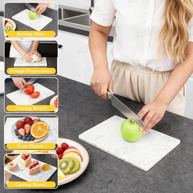 Marble Cutting Board for Kitchen- 12 * 8 Inch Handcrafted Marble Slab for Cheese, Charcuterie, Pastry & Deli – Non-Slip Feet,Rectangular Serving & Chopping Slab for Countertop (White)
