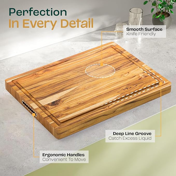 Yes4All Solid Teak Cutting Boards for Kitchen, [17''L x 13''W x 1.5” Thick] Medium Edge Grain Butcher Block Cutting Board, Food Surface Wood Cutting Boards with Juice Grooves and Easy Grip Handle