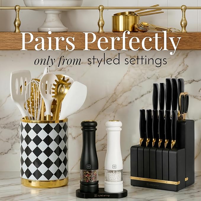 Electric Salt and Pepper Grinder Set - Styled Settings Electric Salt and Pepper Shakers, Automatic Stainless Steel Set with LED Light, Battery Operated, Adjustable Coarseness, Wood Base