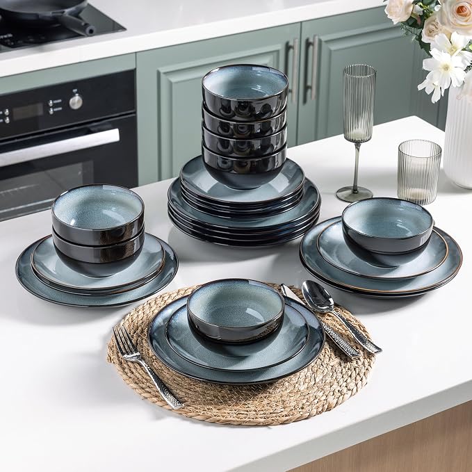 LeRatio Ceramic Dinnerware Sets for 6,Stoneware Plates and Bowls Sets,Handmade Reactive Glaze Dishes Set,Chip Resistant and Scratch Resistant | Oven&Dishwasher & Microwave Safe-Gray White(18PCS)
