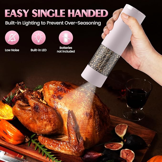 1 Pack Salt and Pepper Grinder-Birthday Gifts for Mom Automatic Battery Upgraded Larger Capacity Pink Salt Pepper Set New Apartment Gifts for Housewarming