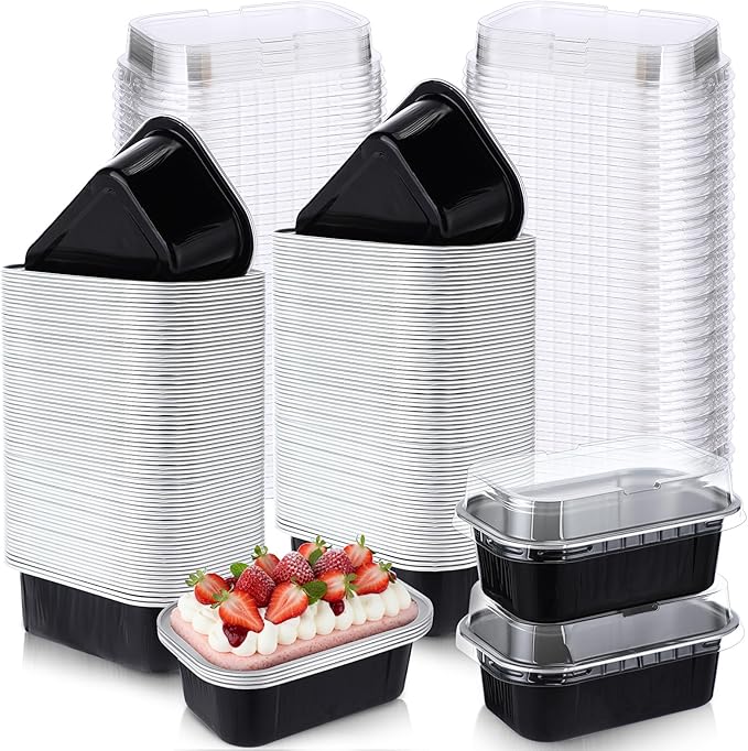 Vesici 100 Sets Mini Loaf Pans with Lids, 5.7 oz Disposable Aluminum Foil Baking Cups, Rectangle Cake Pans for Baking Storage Birthday Party(Black Silver)