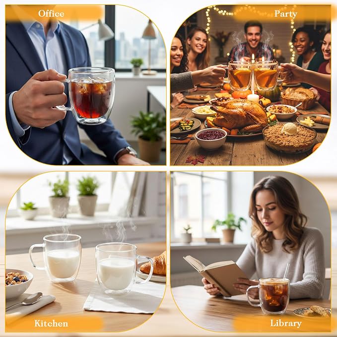 Patelai Glass Coffee Mugs Set of 6, 16 oz Clear Double Walled Coffee Cups Glasses Insulated Latte Mugs with Handle Espresso Clear Cups for Hot and Cold Beverages