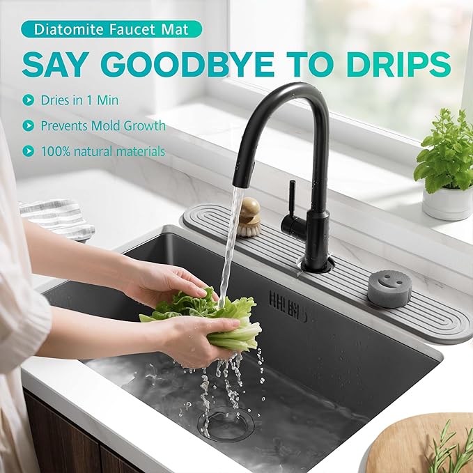 Stone Faucet Mat for Kitchen Sink – Diatomite Fast-Drying Stone Tray, Faucet Mat Sink Splash Guard, Decorative Sink Protector for Kitchen Bathroom Counter [Gray, 17.7''x3.9'']