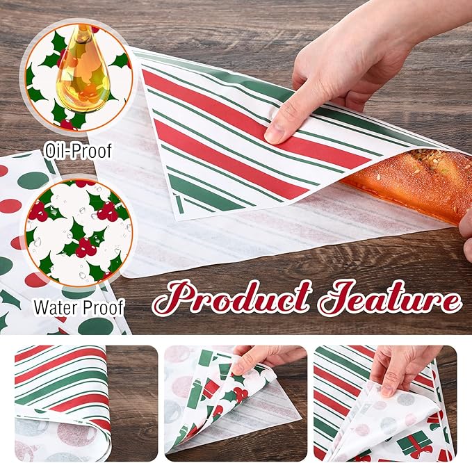 Reallnaive 600 Pcs Christmas Gift Wax Paper Sheets 12 x 12 Inch Parchment Deli Tissue Paper Sandwich Wrapping Sheets Food Basket Liners for Kitchen Restaurant Baking Supplies, 6 Styles