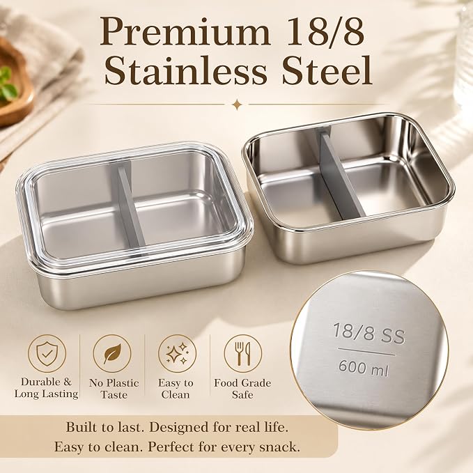 Snackle Box Container with Ice Pack, 304 Stainless Steel Snackle Box Set | 4-piece set, stainless steel, ice pack, insulated bag, fork & spoon, customizable divider system, flexible configuration