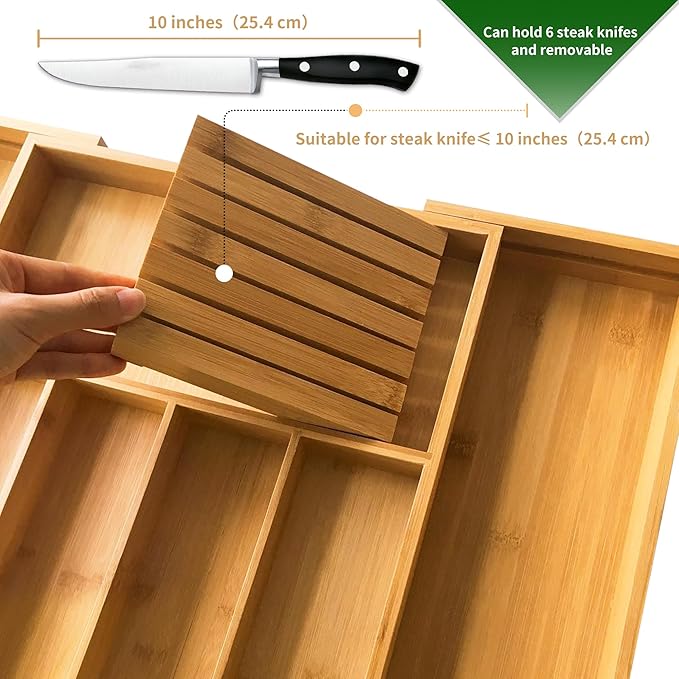 VaeFae Bamboo Silverware Drawer Organizer and Bamboo Knife Drawer Organizer Insert Bundle