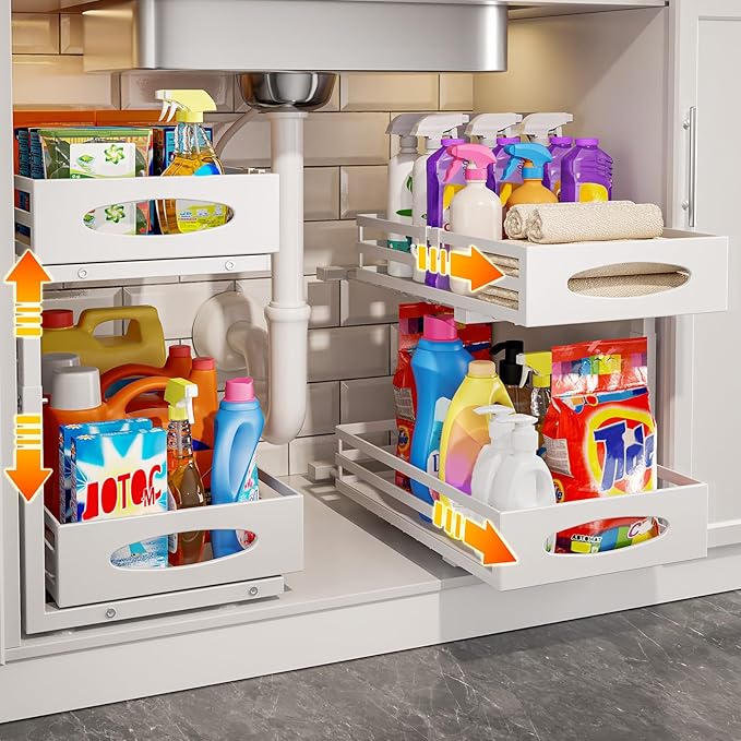 Under Sink Organizer, 2 Tier Under Sink Organizers and Storage, Adjustable Height, Slide out Metal Cabinet Organizers, Pull out Cabinet Storage Drawer Shelf for Kitchen Bathroom (White, 2 Pack)