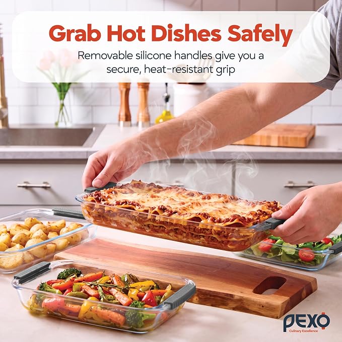 Pexo 8 Piece Glass Baking Dish Set with Plastic Lids, With Silicone Handles for Easy Grip (1.06QT, 1.69QT, 2.32QT, 3.17QT), Clear Glass Casserole Dishes for Oven, Airtight Lids, Glass Bakeware, Freezer, Oven, and Dishwasher safe (Gray)