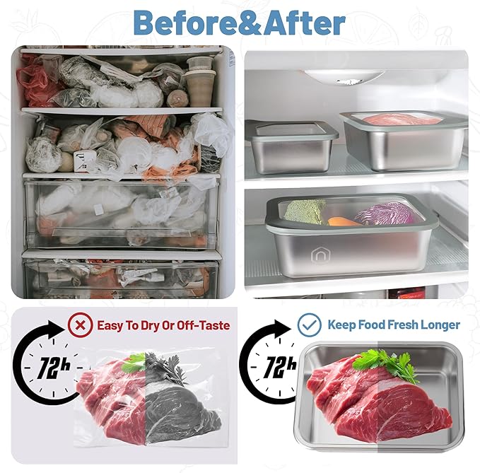 3PCS Stainless Steel Food Storage Containers with Glass Lids, 22/40/ 74oz Airtight Leak Proof Meal Prep Lunch Containers for Kitchen Storage, Microwave, Freezer, Dishwash Safe