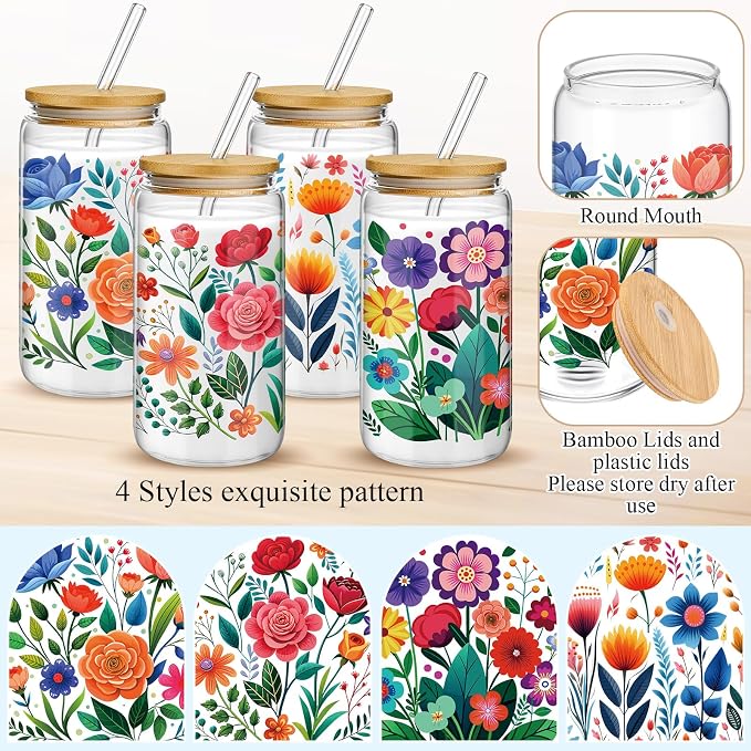Mumufy 4 Pack Wildflower Glass Cups Gift Aesthetic Cute Glass Cup Tumbler Flower Iced Coffee Mugs 16 oz with Bamboo Lid & Straw, for Wedding Birthday Bridesmaid Mom Baby Shower