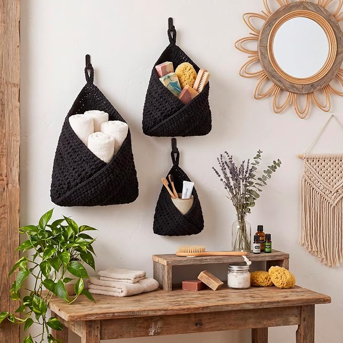 Honeydak Boho Decor Hanging Wall Baskets for Kitchen 3 Pack Teardrop Baskets with Hooks Storage Fruit Onion Vegetable Potato for Home 3 Sizes(Black,Triangle,Cotton Rope)
