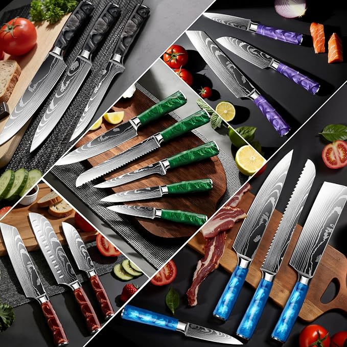 10-Piece Premium Japanese Kitchen Knife Set - Star Collection, Laser Damascus Pattern, 440A Stainless Steel Ultra Sharp for Fast Cutting (Purple)