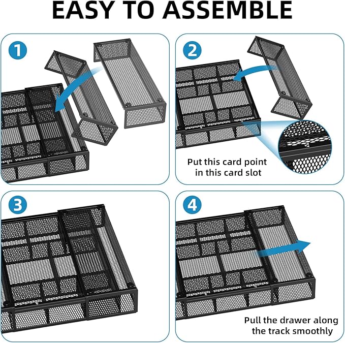 Marbrasse Expandable Desk Drawer Organizer, Mesh Drawer Organizer Tray with 10 Adjustable Compartments, Desk Organizers and Accessories for Office Supplies, Makeup & Vanity (Expandable Black-2 pack)