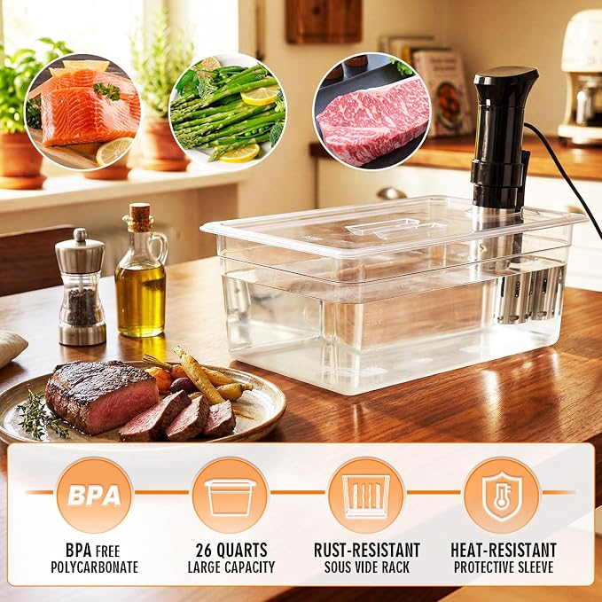 HOMENOTE Sous Vide Container 26 Quart With Lid,BPA Free Complete Accessories For Anova and Most Sous Vide Cookers,Anova Container Kit