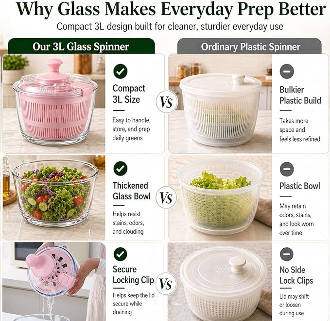 Good Grips 3.2 Qt Glass Salad Spinner Small Vegetable Dryer with Drain Microwave Safe Dishwasher Safe with Transparent Lid Crank Handle Quick Spin Greens Washer for Lettuce Herbs Fruits Pink