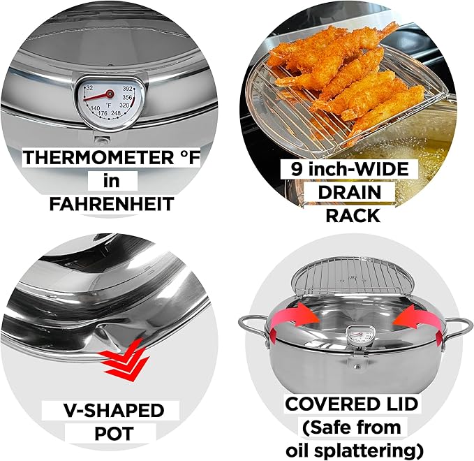 Saltlas Deep Fryer Pot (°F), 11"/4.4Qt (4.2 L) Extra Large Tempura Frying Pot with Lid, 304 Stainless Steel Fry Pot with Fahrenheit Thermometer and Oil Drip Drain Rack